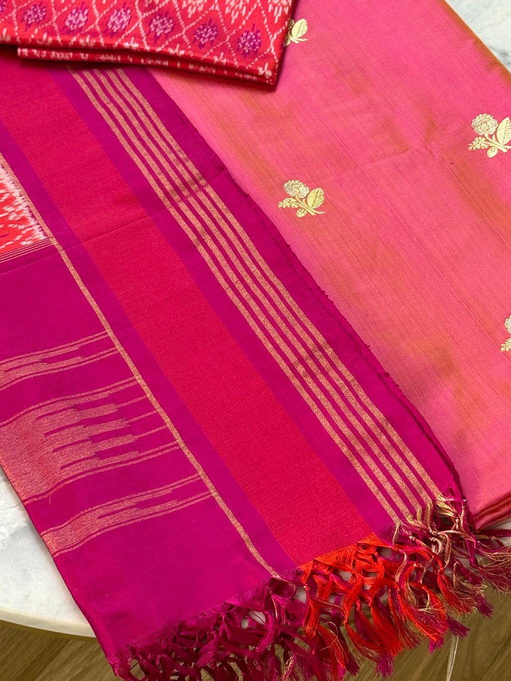 Katan Silk Suit With Ikat Silk Dupatta