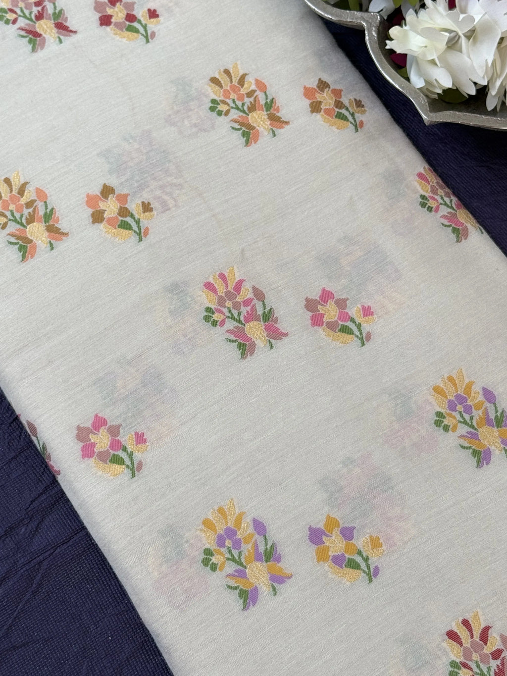 pure muga silk fabric with delicate meenakari bootas